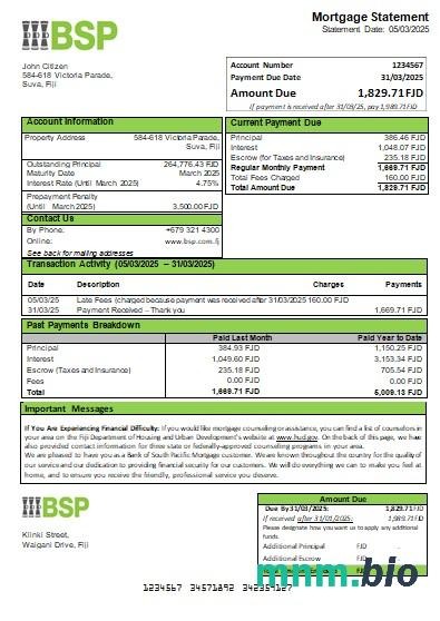Fidżi Bank of South Pacific wyciąg z kredytu hipotecznego szablon Word i PDF